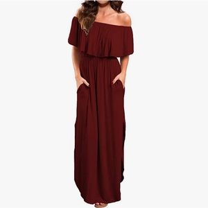 Elegant Off-Shoulder Burgundy Maxi Dress